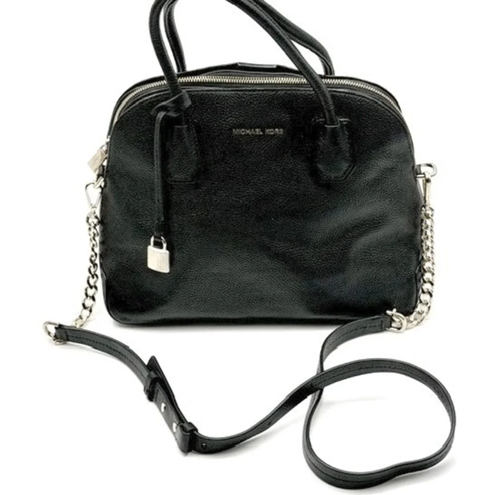 Michael Kors Mercer Black Pebbled‎ Leather Dome Satchel Crossbody Bag Gold Chain - Picture 5 of 11